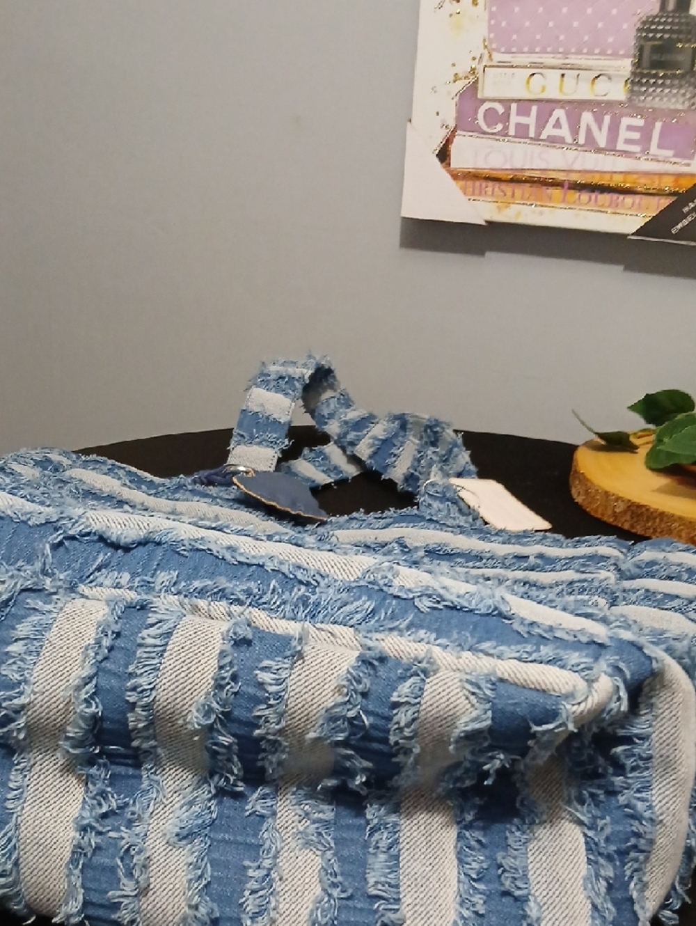 New! Striped Blue Denim Frayed Tote Bag - NWT - Picture 7 of 10
